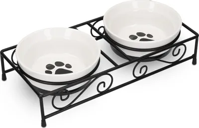 Produktbild von Navaris 2x Futternapf Katze Katzennapf erhöht - Katzen Napfset aus Keramik und Metall - Fressnapf Futterstation - Napf Set - 2 Stück Katzennäpfe