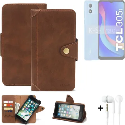 Produktbild von K-S-Trade Handyhülle + Kopfhörer kompatibel mit TCL 305i Schutz Hülle Walletcase Bookstyle Tasche Case Handytasche Wallet Flipcase Cover PolyurethanBraun