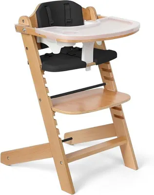 Produktbild von Holz-Kinderstuhl für Baby und Kleinkind, mit 3 Ablageebenen, abnehmbar, und 2 verstellbaren Tischplatten. Verfügt über 8 Höhenverstellungen mit Kissen und ist leicht zu reinigen