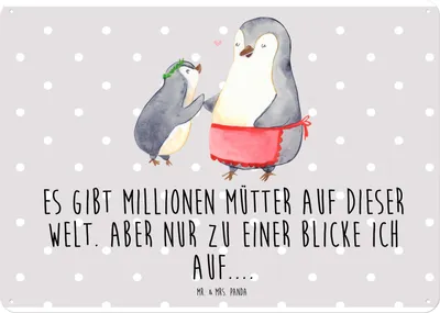 Produktbild von Mr. & Mrs. Panda tafel Pinguin mit Kind DIN A4 - Grau Pastell - Geschenk, Vorbild Mama, Türschild, Muttertag, Schild, Mutter, Retro Blechschild, Wandbild, Familie