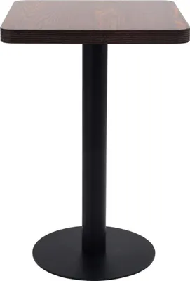 A square-topped bistro table with a dark brown wood-grain finish and a black metal pedestal base.