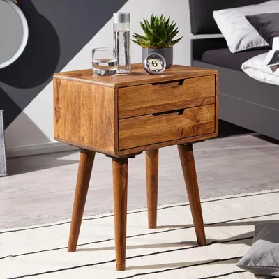 Zdjęcie produktu dla Szafka nocna FineBuy z litego drewna sheesham z 2 szufladami – szafka nocna do łóżka typu boxspring – szafka nocna w stylu retro – wymiary: 47x66x36 cm