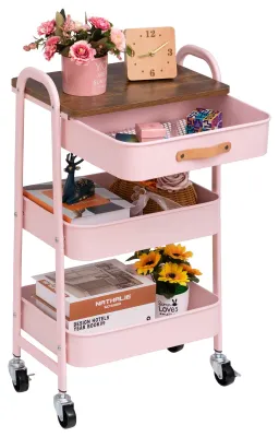 Image de Chariot en métal avec tiroir, chariot de service à roulettes, 3 étagères, chariot de cuisine, chariot de bricolage, chariot de rangement pour le salon, la chambre, la salle de bains, le bureau, rose