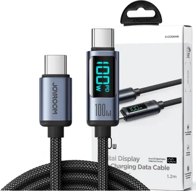 Product packaging with two USB-C cables, one with a digital display showing power output.
