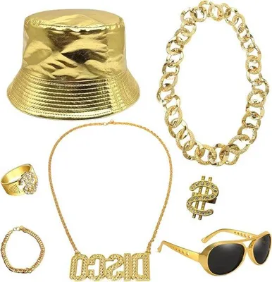 Produktbild von Komplettes 7-teiliges Hip Hop Kostüm für Herren und Frauen, 80er Jahre 90er Jahre Rap Outfit mit goldenem Hut, Sonnenbrille, Disco Halskette und Accessoires für Karneval, Halloween und Party