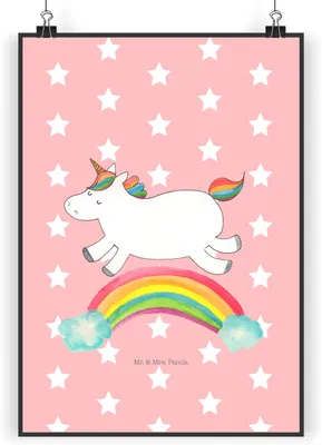 Produktbild von Mr. & Mrs. Panda Bild Einhorn Regenbogen DIN A4 - Rot Pastell - Geschenk, Unicorn, Wandbild, Erwachsenwerden, Kunstdruck, Einhornpower, wanddeko, Glitzer, drucke, Plakat