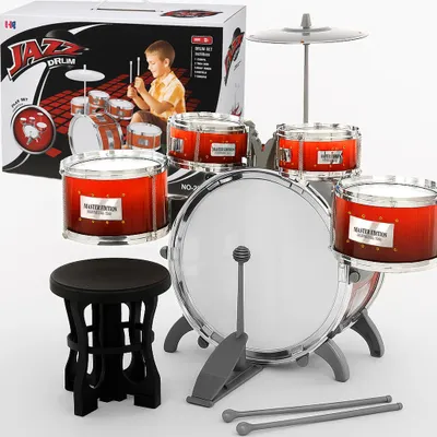 Produktbild von Kinder Jazz Schlagzeug Set mit 5 Trommeln Hocker Instrument, Pedal Musikspielzeug Lernspielzeug Anfänger, fördert Rhythmus, Motorik&Kreativität, Retoo