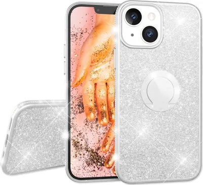 A glittery phone case with a ring holder is shown from multiple angles against a white background.