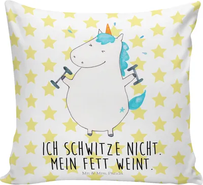 Produktbild von Mr. & Mrs. Panda Dekokissen Einhorn Fitness - Weiß - Geschenk, Geräte, kuschelkissen 40x40, Kuschel Kissen, bedruckt, Gym, Einhörner, Unicorn, Sofakissen, Fitnessstudio