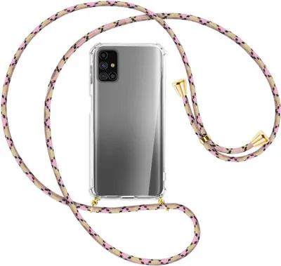 Produktbild von Handykette Backcover-Schutzhülle mit Band (Metall goldfarben) für Samsung Galaxy M31s - rosa Karo