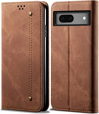 A brown leather wallet-style phone case for a Google Pixel 7A is shown from two angles.