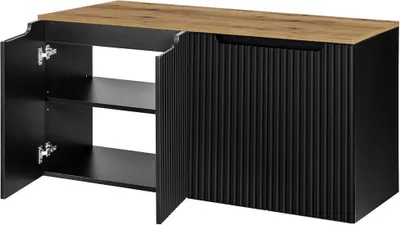 Produktbild von Waschbeckenunterschrank mit Waschplatte ‘Skelbolu‘ mit 4 Türen 120 x 60 x 40 cm gerillt Schwarz / Eichenoptik