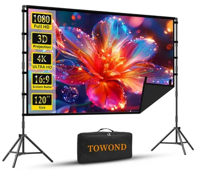 Image de Écran de projection portable de 120 pouces, avec support, format 16:9, idéal pour une utilisation en extérieur, en jardin ou en camping