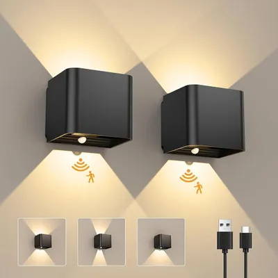 Produktbild von 1/2 LED-Wandleuchte mit Bewegungsmelder, 3000 K Warmweiß, 3600 mAh Akku, USB-C, IP-Wandleuchte für Innen und Außen