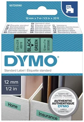 Zdjęcie produktu dla DYMO D1 oryginalne etykiety | rolka 12 mm x 7 m | zielony nadruk na czarnym | samoprzylepne etykiety do drukarek etykiet LabelManager, Czarny na zielonym, Poliester, Belgia, -18 - 90 °C, DYMO, LabelManager, LabelWriter 450 DUO