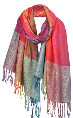 Immagine prodotto di Sciarpa Pashmina da donna, elegante, morbida, leggera, con motivo paisley, nei colori rosso e arancione, dimensioni 200x68 cm, realizzata in poliestere