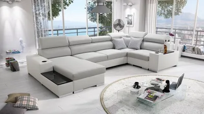 Produktbild von Wohnlandschaft in U-Form PERS IV MINI Ecksofa Eckcouch mit Schlaffunktion (Grau LUXO 6601 + weißes Kunstleder, Links)