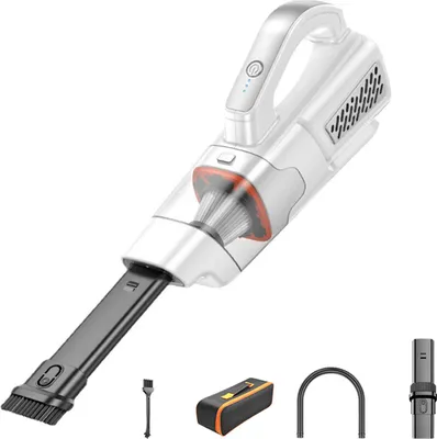 A white and silver handheld vacuum cleaner with various accessories displayed below it, all on a white background.