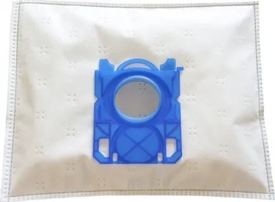 A white vacuum cleaner bag with a blue plastic fitting.