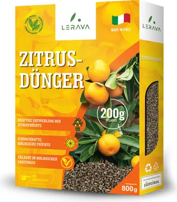 Immagine prodotto di Fertilizzante per agrumi LERAVA® - 800 g - Crescita rigogliosa, frutti biologici gustosi - Per piante in vaso e da giardino - 100%  Italy