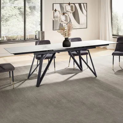 Produktbild von FineBuy Esstisch ausziehbar 180–260 cm Weiß – Glas-Keramik Tischplatte – moderner Esstisch mit geometrischem Metallgestell – kratzfest hitzebeständig