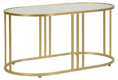 Zdjęcie produktu dla Owalny stolik kawowy Antalia ze zdobionego szkła i złotego żelaza 90x50x45 cm