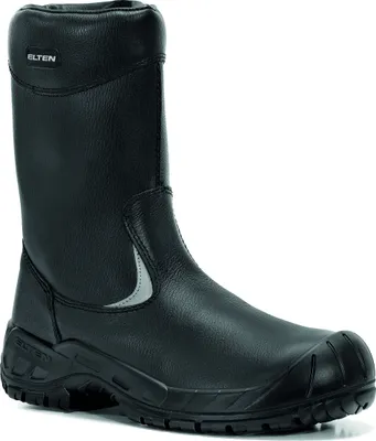 A black work boot is shown against a white background.
