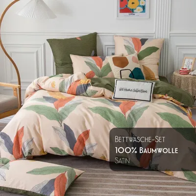 Produktbild von Bettwäsche Set mit Bettlaken, Lux Satin, 100% Baumwolle, 200x220 cm, Bettbezug mit Reißverschluss - Blätter