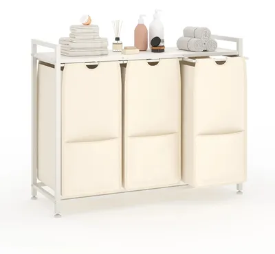 Obrázek produktu pro Koš na prádlo, výsuvná konstrukce, odolný materiál Oxford, bílá barva, 3 přihrádky