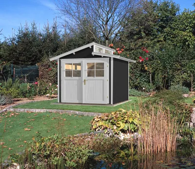 Productafbeelding van WEKA 226.2424.16400 Tuinhuis/blokkenhuis Luna met dubbele deur; Afmetingen: 2; Kleur: Anthraciet; Wanddikte: 21 mm; Afmetingen (L x B x H): 239 cm x 235 cm x 252 cm; Hoogte zijwand: 197 cm