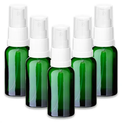 Produktbild von 5x Grüne Glasflasche 30 ml mit weißem Zerstäuber Sprühkopf Spray Set