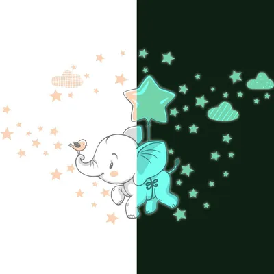 Produktbild von Leuchtsticker – Fröhliche Elefanten in den Wolken + 120 Sterne – Wand-/Deckensticker für Kinderzimmer – 155 x 120 cm
