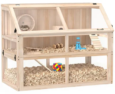 Produktbild von SUGIFT Nagerkäfig mit Laufrad Wippe Haus, Kleintierkäfig Tannenholz