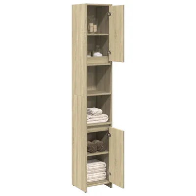 A tall, narrow bathroom cabinet with several shelves and two doors, one of which is open.