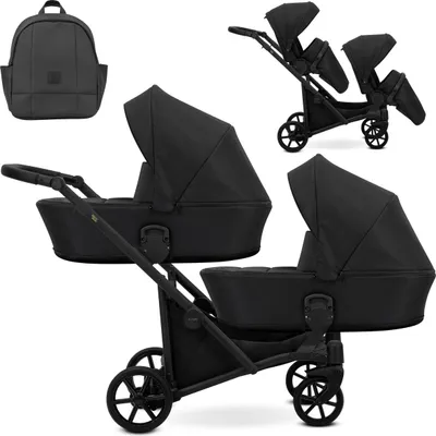 A collage of images showing a black double stroller with bassinet attachments and a matching backpack.