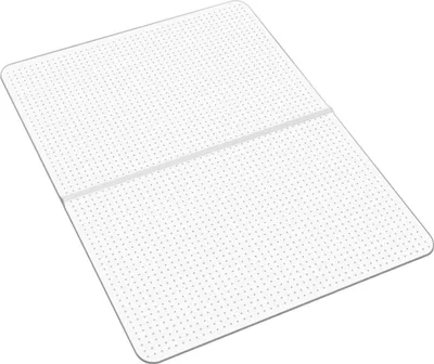 A clear, flat image of a rectangular PVC chair mat with a grid of small dots, divided in the middle by a thin, lighter band. The mat is shown at an angle against a white background.