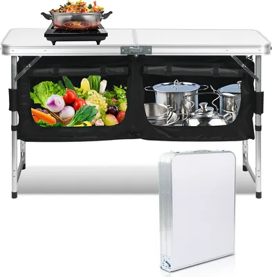 Produktbild von SWANEW Campingküche Küchenbox Windschutz Alu Spritzschutz Faltschrank ca. (L) 120 cm x (B) 47 cm x (H) 68cm-Zwei Desktops