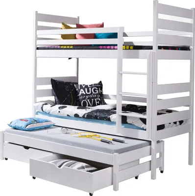 Produktbild von KEF Tobi Etagenbett Kinder Etagenbett 3 Personen Holz Kinderbett mit Schubladen mit Matratze 80x160 cm Weiß