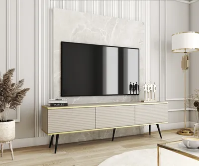 Produktbild von Blum Oro MDF Beige TV-Schrank mit schwarzen Beinen – Selbstmontage, moderner Stil, Wandbefestigung empfohlen