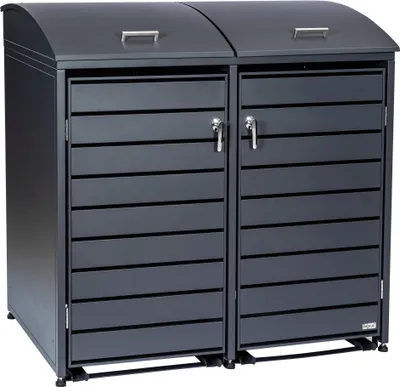 A dark gray, two-compartment trash bin enclosure with a curved lid and horizontal slatted doors.