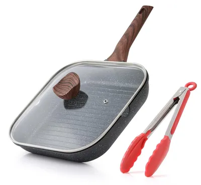 Zdjęcie produktu dla Elzusha - Kwadratowa patelnia grillowa o średnicy 24 cm z pokrywką, przeznaczona do użytku z płytami indukcyjnymi i gazowymi