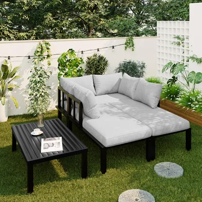 Produktbild von MODFU Gartenmöbel-Set modulares Sofa Loungesessel-Set mit verstellbare Beine 6-Sitzer Ecksofa mit abnehmbare Rückenlehne Sitzgruppe für den Garten oder die Terrasse geeignet Grau