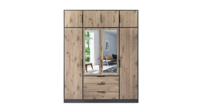 Produktbild von Kleiderschrank LATI D4 , Drehtürenschrank, Schrank Schubladen und Spiegel (Schwarz/Viking Eiche +Spiegel; Mit Erweiterung)