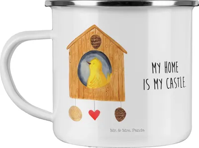 Produktbild von Mr. & Mrs. Panda Haferl Vogel Haus - Weiß - Geschenk, Pott, Nest, Lustige Sprüche, Emaille Tasse, Teetasse, Motivtasse, wanderbecher, Castle, Zuhause, becher, Wohnung
