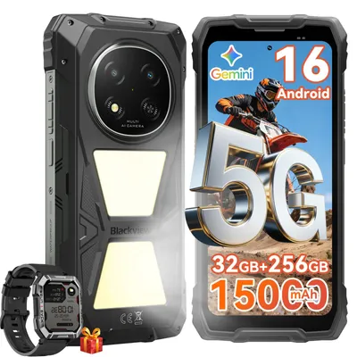 Zdjęcie produktu dla Blackview ROCK 2 Pro wraz z zegarkiem W60, smartfon outdoorowy 5G o przekątnej ekranu 6,67 cala z baterią 15 000 mAh, klasą wodoodporności IP69K/IP68 oraz latarką kempingową o mocy 400 lm, wytrzymały