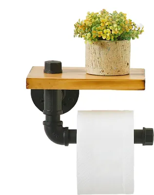 Produktbild von Holz-Toilettenpapierhalter mit Regal und Gusseisenrohr - Rustikaler industrieller WC-Rollenhalter zur Wandmontage - Einfache Installation - Badezimmerdekoration