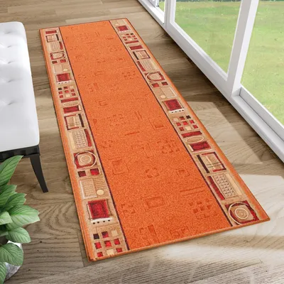 Produktbild von Läufer Teppich Meterware Flur Brücke Wohnzimmer Schlafzimmer Kurzflor Modern Design Rutschfest Orange Rot Beige Figuren Meliert Küche 120 x 580