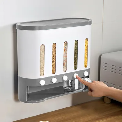 Image de 5 grilles Distributeur de céréales avec tasse à riz Boîte de rangement murale Cuisine autonome Récipient à céréales Aliments secs Gros baril de céréales