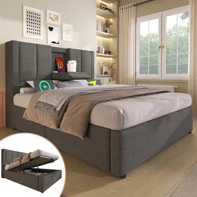 Produktbild von Flieks Hydraulisches Polsterbett 90x200cm mit Becherhalter, Stauraumbett Einzelbett mit USB & Type C, Jugendbett mit Lattenrost, Leinen, Grau