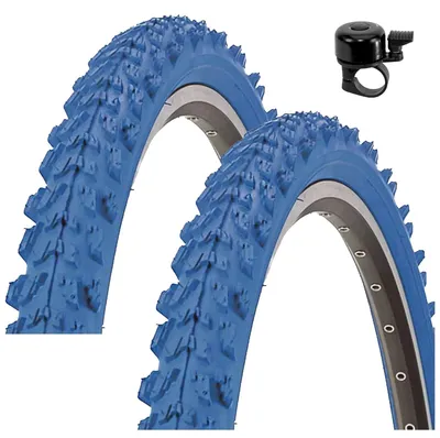 Image de 2 pneus de vélo de montagne Kenda K-829 Psycho, taille 24 x 1,95 (50-507), couleur bleue, avec clochette de vélo incluse